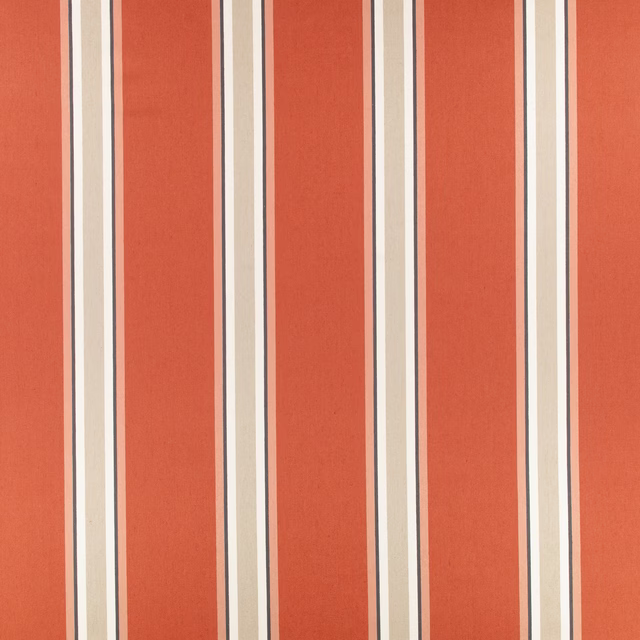 Warm russet terracotta fabric with vertical cream, grey and dark red stripes