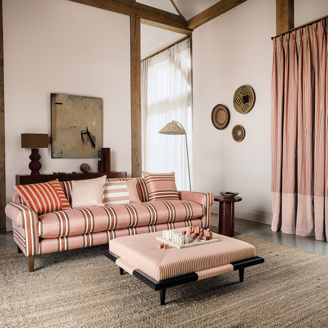 Muted Tuscan pink and ivory stripe fabric with fine terracotta and dark pinstripes