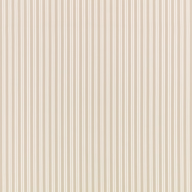 Muted stone beige fabric with slender cream vertical stripes and subtle tonal variation