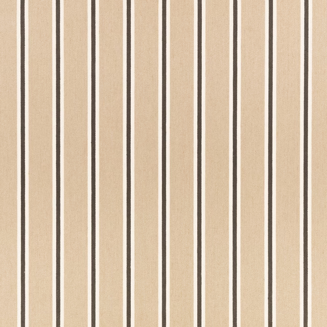 Warm almond woven fabric with slim dark brown vertical stripes and pale accents