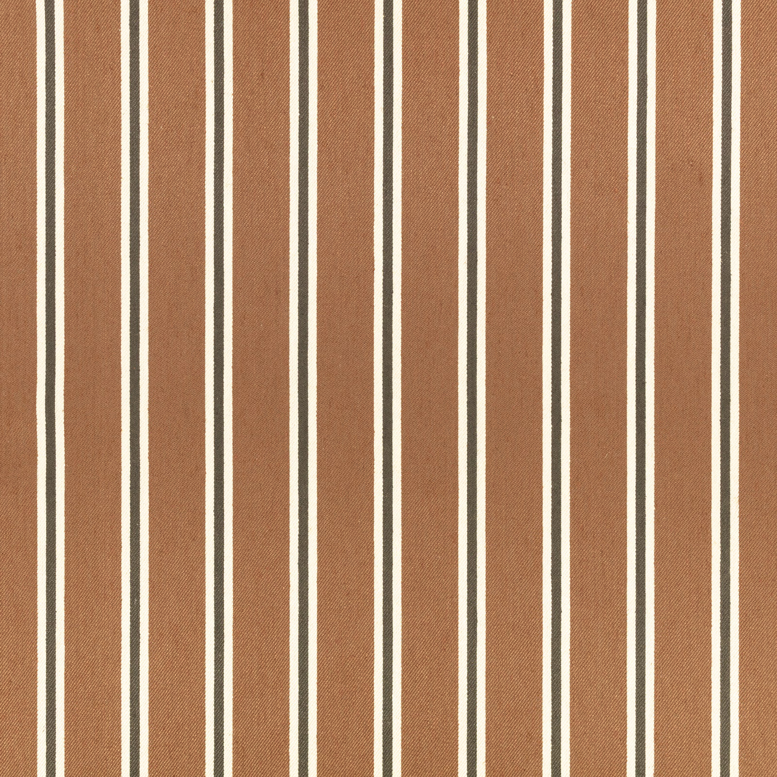 Warm cinnamon-brown woven fabric with cream and charcoal vertical stripes
