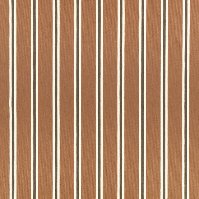 Warm cinnamon-brown woven fabric with cream and charcoal vertical stripes