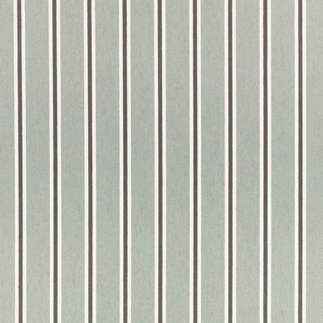 Cool silver-blue vertical stripes with cream and charcoal pinlines on a fine woven ground