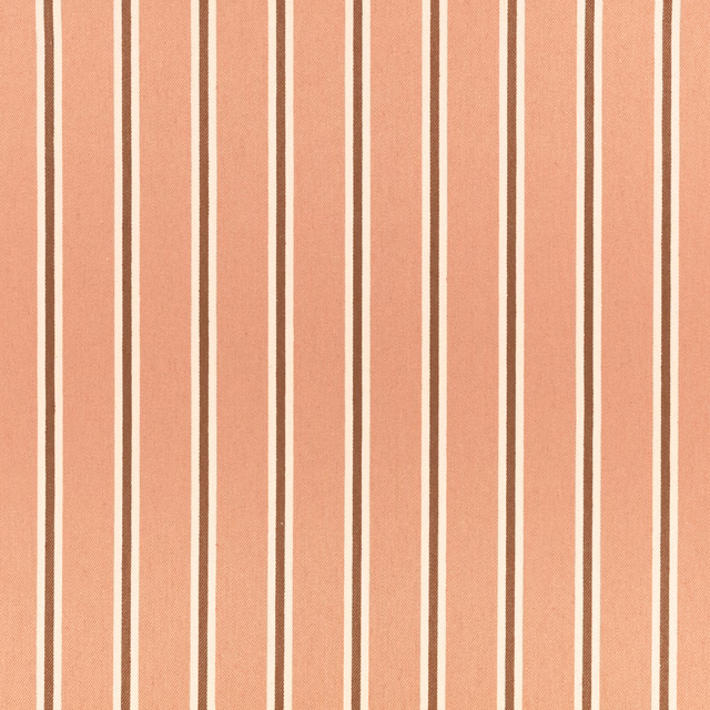 Tuscan pink textile with narrow cream and brown vertical stripes, fine woven texture