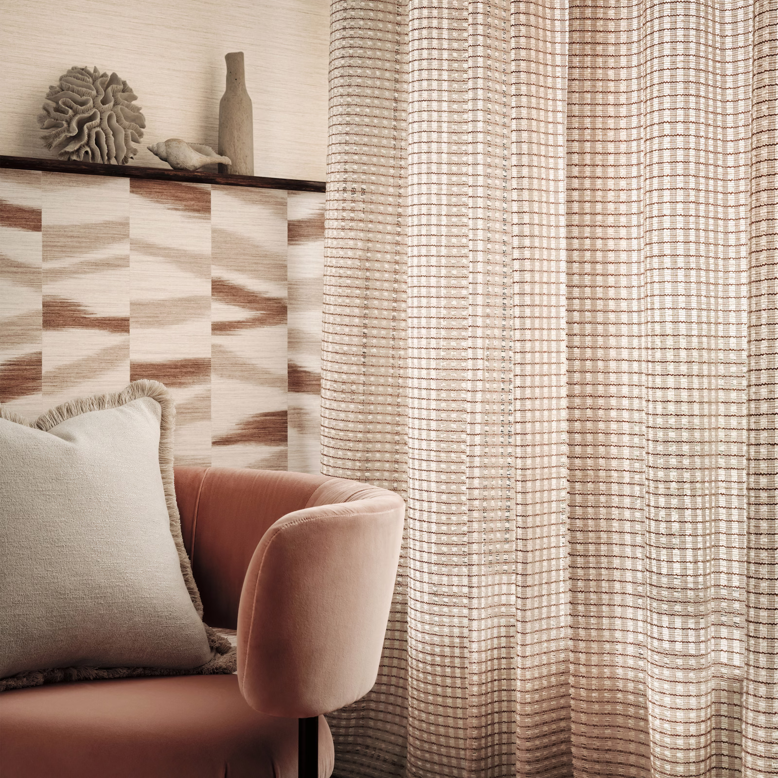Warm wild-rose and cream fine check curtain fabric with open woven texture