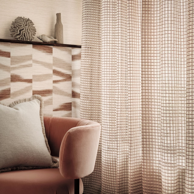 Warm wild-rose and cream fine check curtain fabric with open woven texture