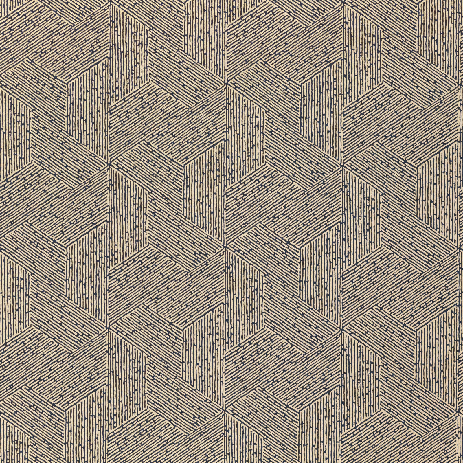 Charcoal geometric cube repeat with fine linear texture on a warm beige wallpaper ground