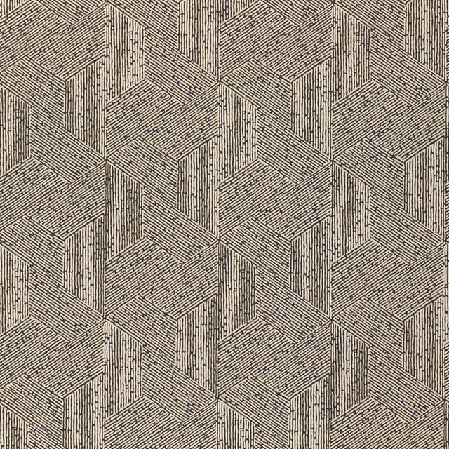 Charcoal geometric cube repeat with fine linear texture on a warm beige wallpaper ground