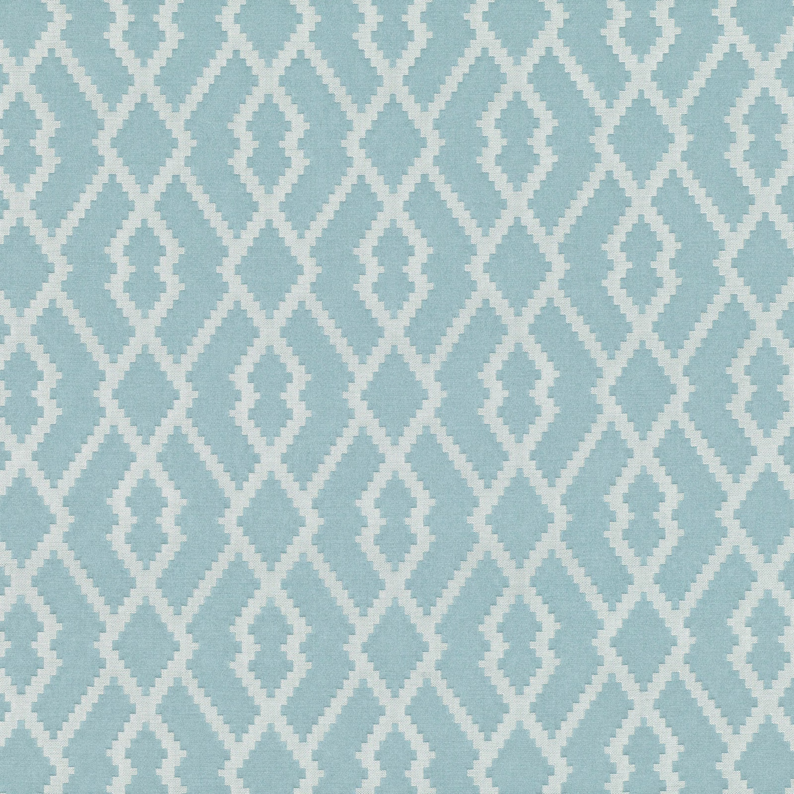 Pale aqua woven fabric with an ivory stepped diamond geometric pattern