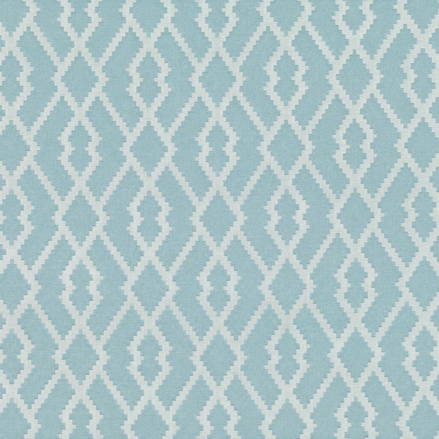 Pale aqua woven fabric with an ivory stepped diamond geometric pattern
