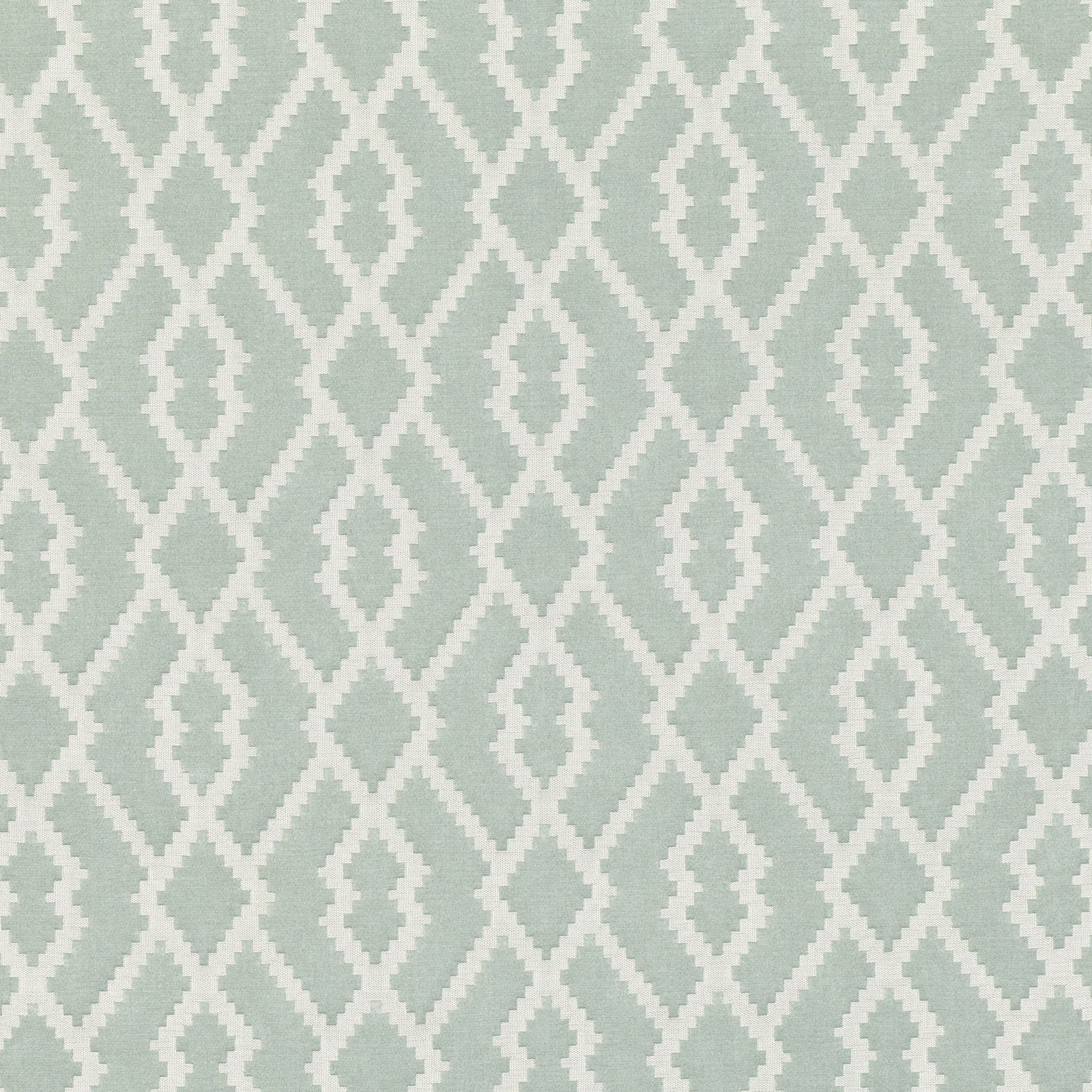 Pale sea-glass woven fabric with ivory stepped diamond geometric pattern