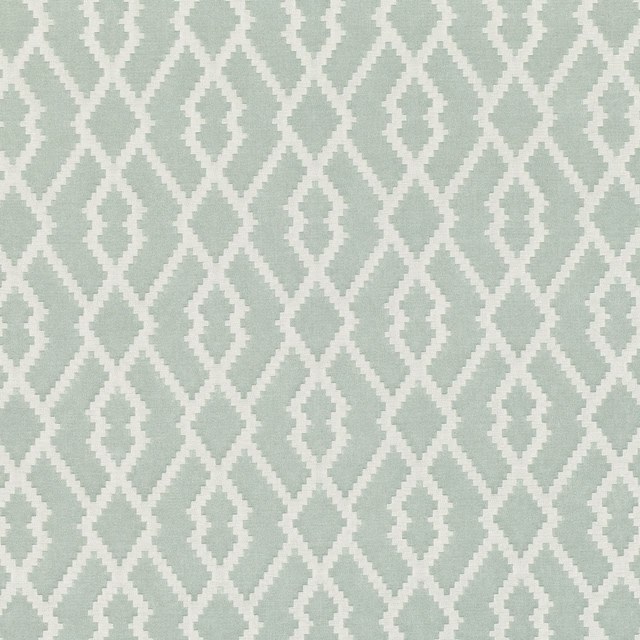 Pale sea-glass woven fabric with ivory stepped diamond geometric pattern
