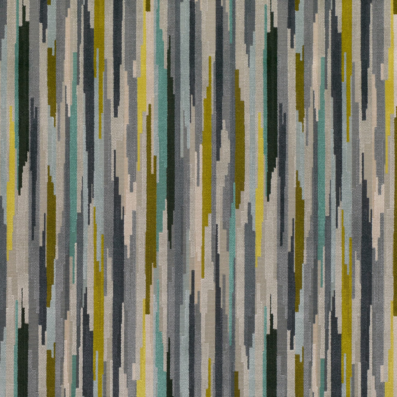 Close-up of cool blue-grey, teal, olive and mustard broken vertical woven stripes