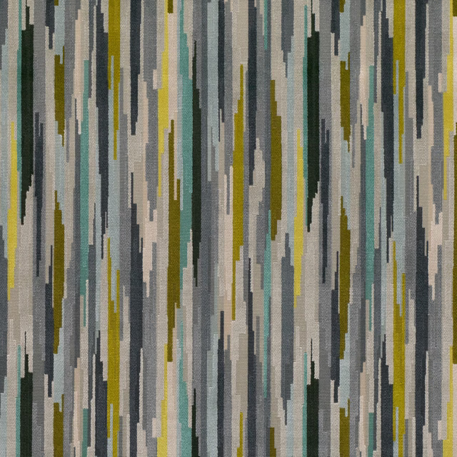 Close-up of cool blue-grey, teal, olive and mustard broken vertical woven stripes