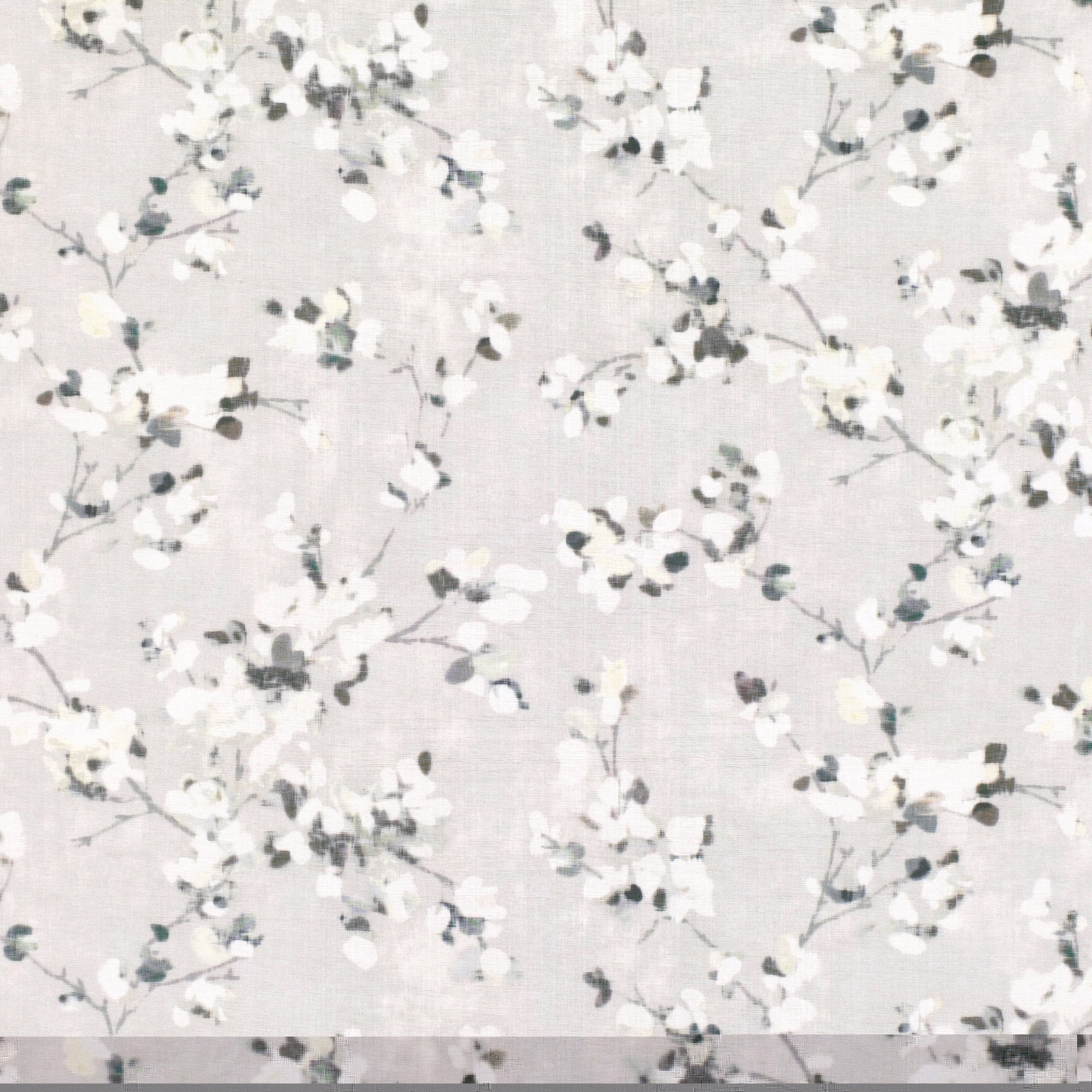Pale quartz-grey fabric with scattered white blossoms and charcoal-grey leafy sprigs
