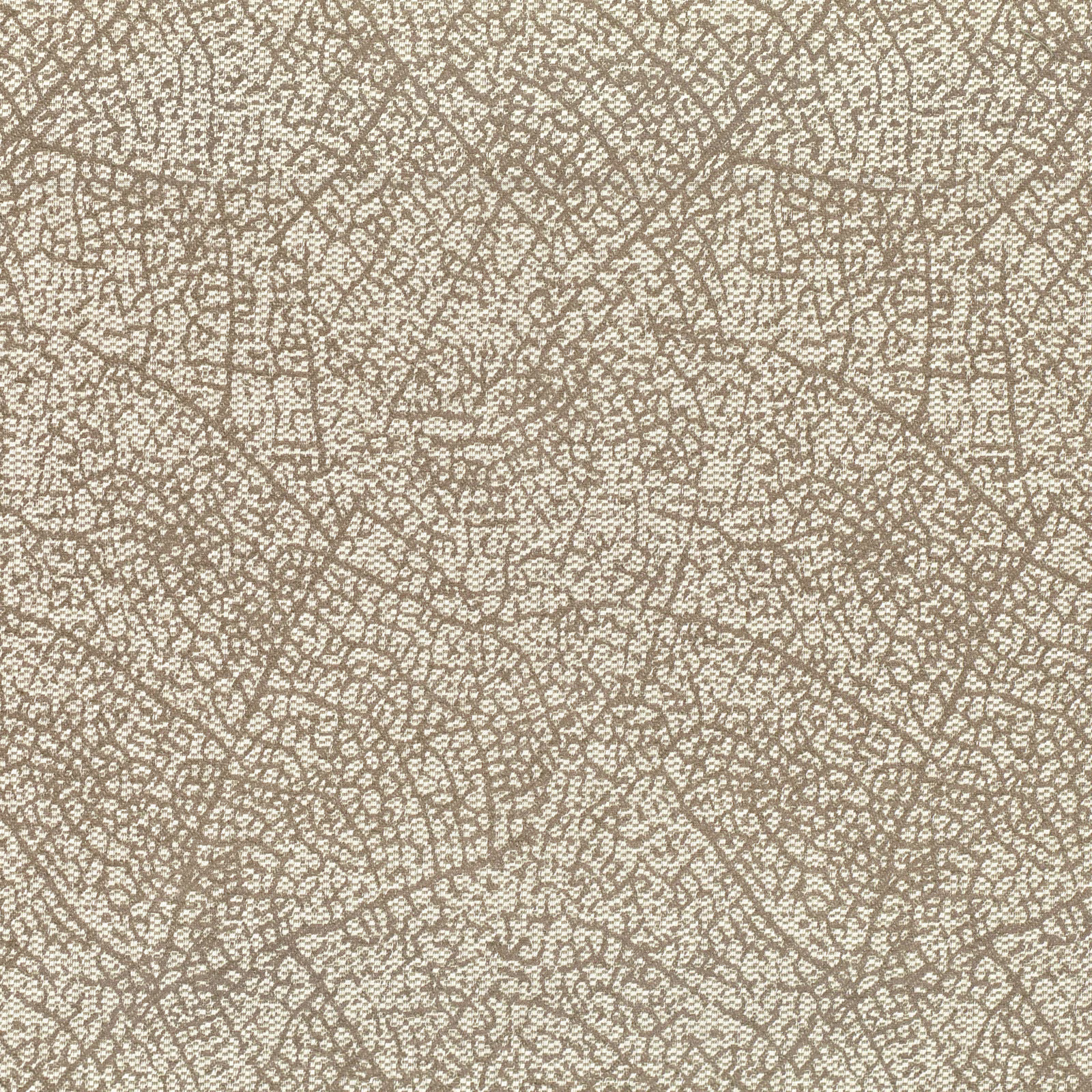 Muted porcini taupe fabric with fine pebbled weave and branching brown tracery
