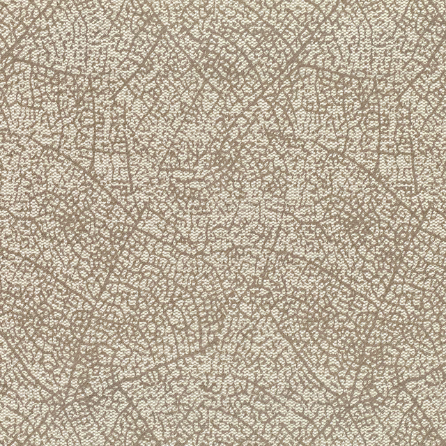 Muted porcini taupe fabric with fine pebbled weave and branching brown tracery