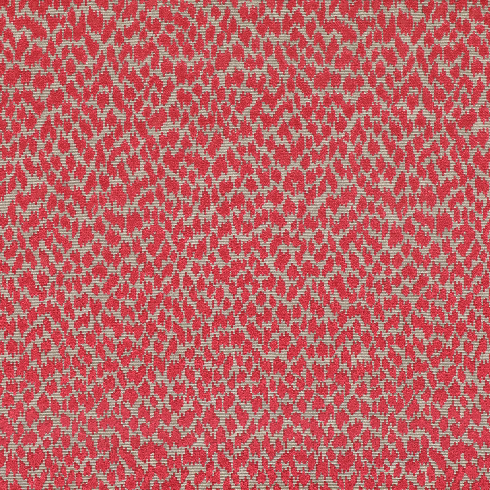 Close-up of carnelian red fabric with a small irregular warm-grey woven pattern