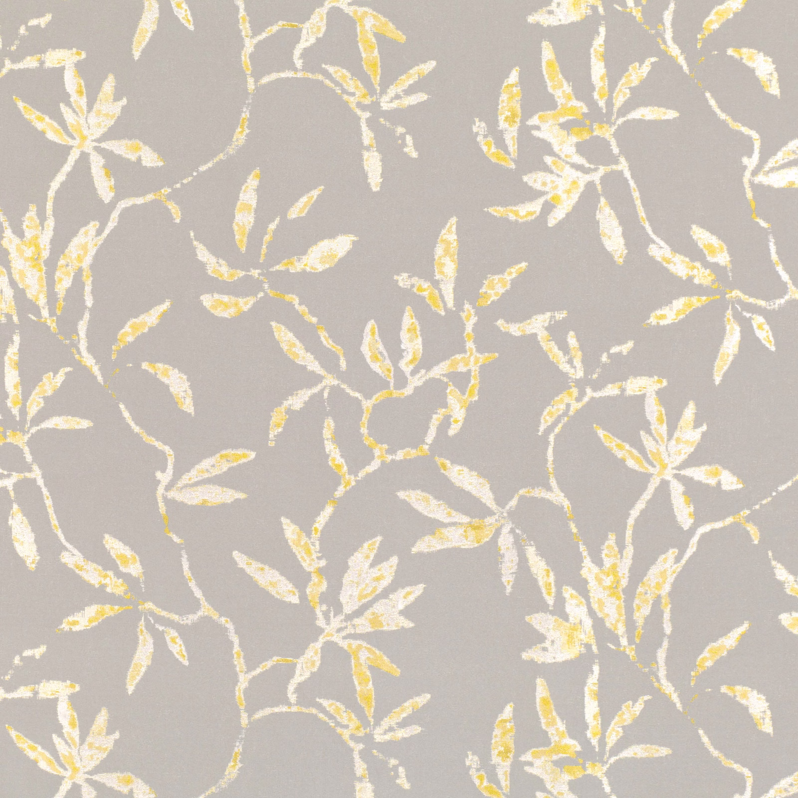 Taupe-grey jacquard with ivory leaves and dandelion-yellow trailing botanical sprigs