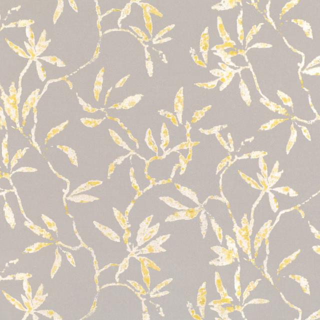 Taupe-grey jacquard with ivory leaves and dandelion-yellow trailing botanical sprigs