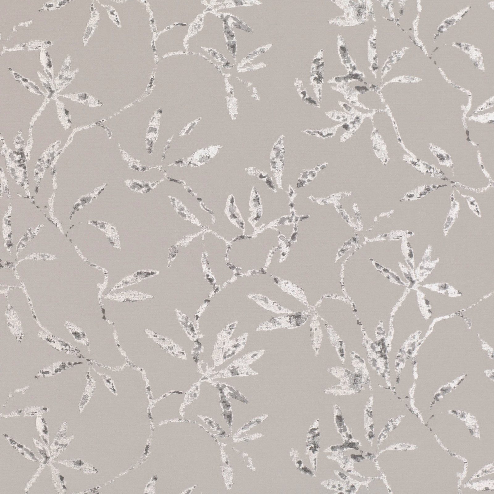 Taupe-grey jacquard with chalky ivory leaves and silver-edged branching vines