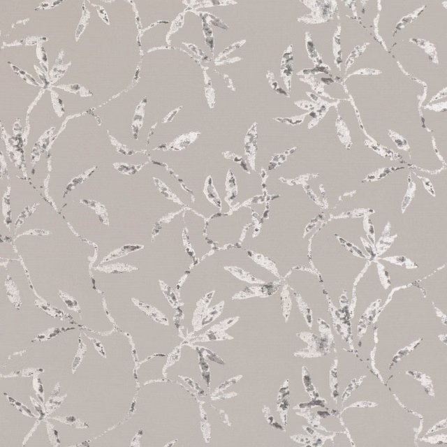 Taupe-grey jacquard with chalky ivory leaves and silver-edged branching vines