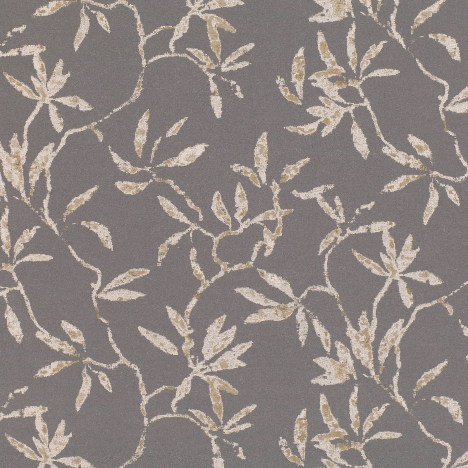 Smoky taupe-grey jacquard with cream beige scrolling botanical vines and textured leaves