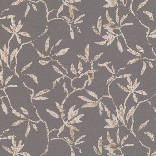 Smoky taupe-grey jacquard with cream beige scrolling botanical vines and textured leaves