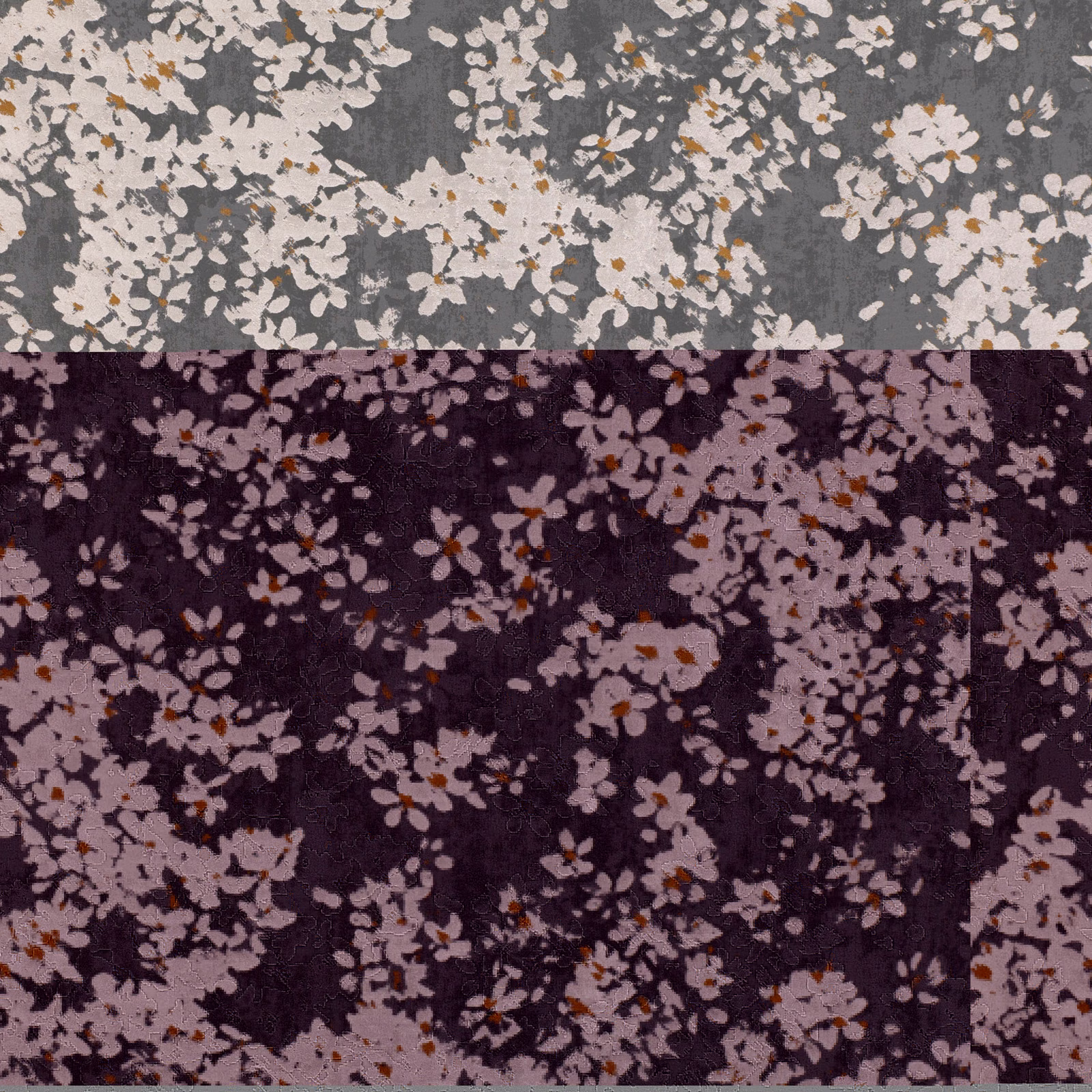 Cool grey floral ground with ivory blossom clusters, ochre flecks and softly shadowed pile