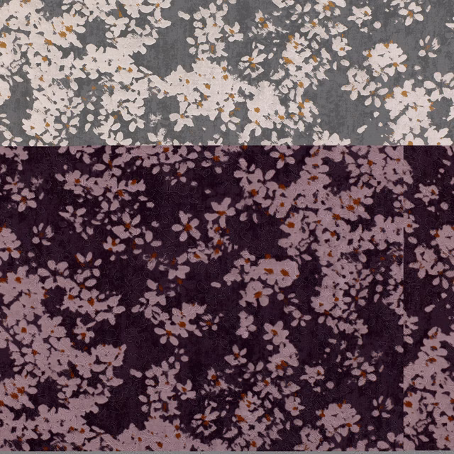 Cool grey floral ground with ivory blossom clusters, ochre flecks and softly shadowed pile