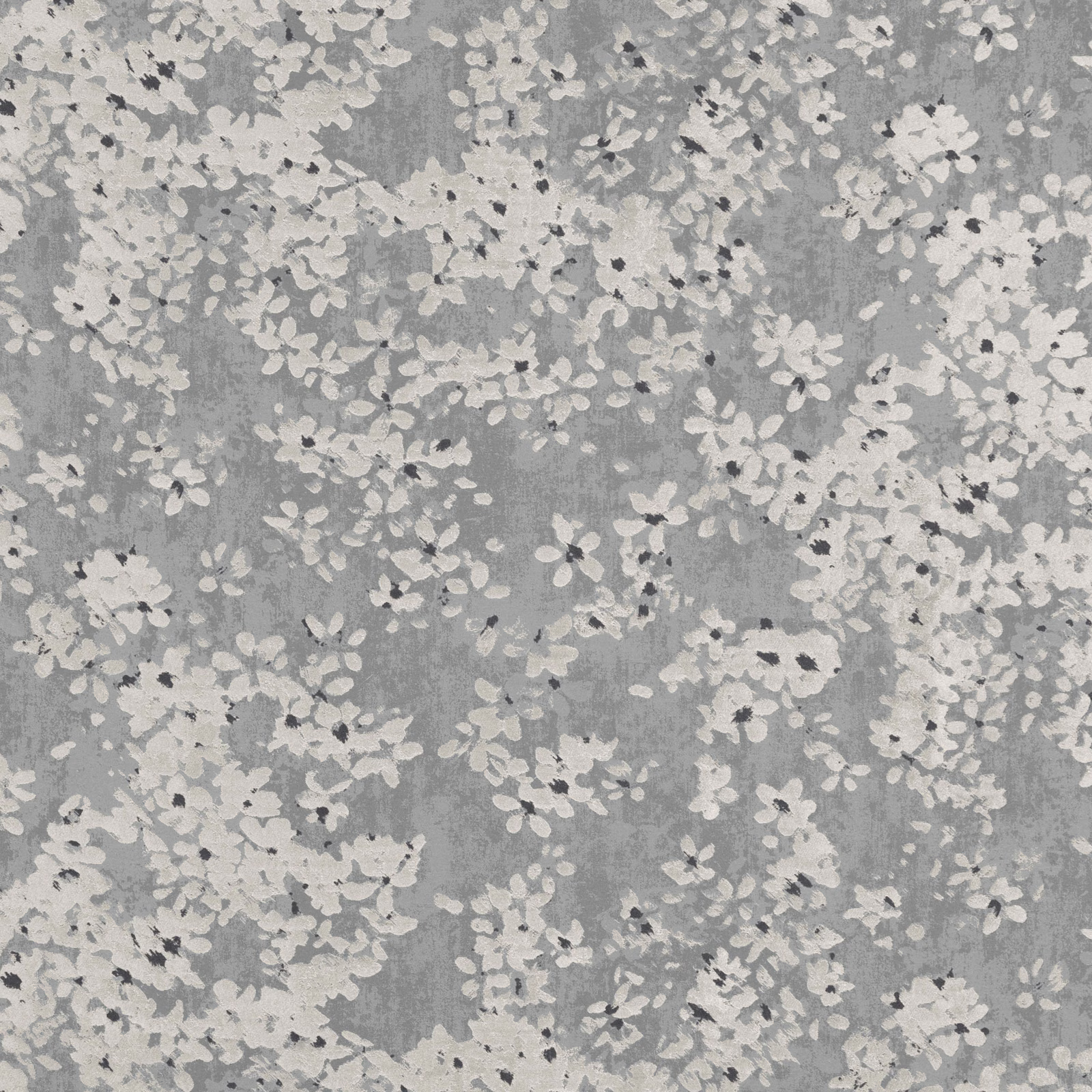 Cool grey floral ground with ivory blossoms and small charcoal centres