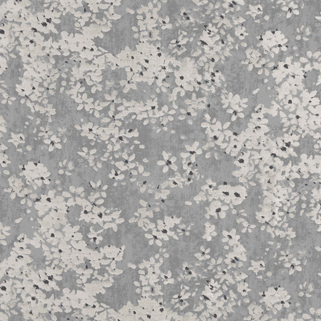 Cool grey floral ground with ivory blossoms and small charcoal centres