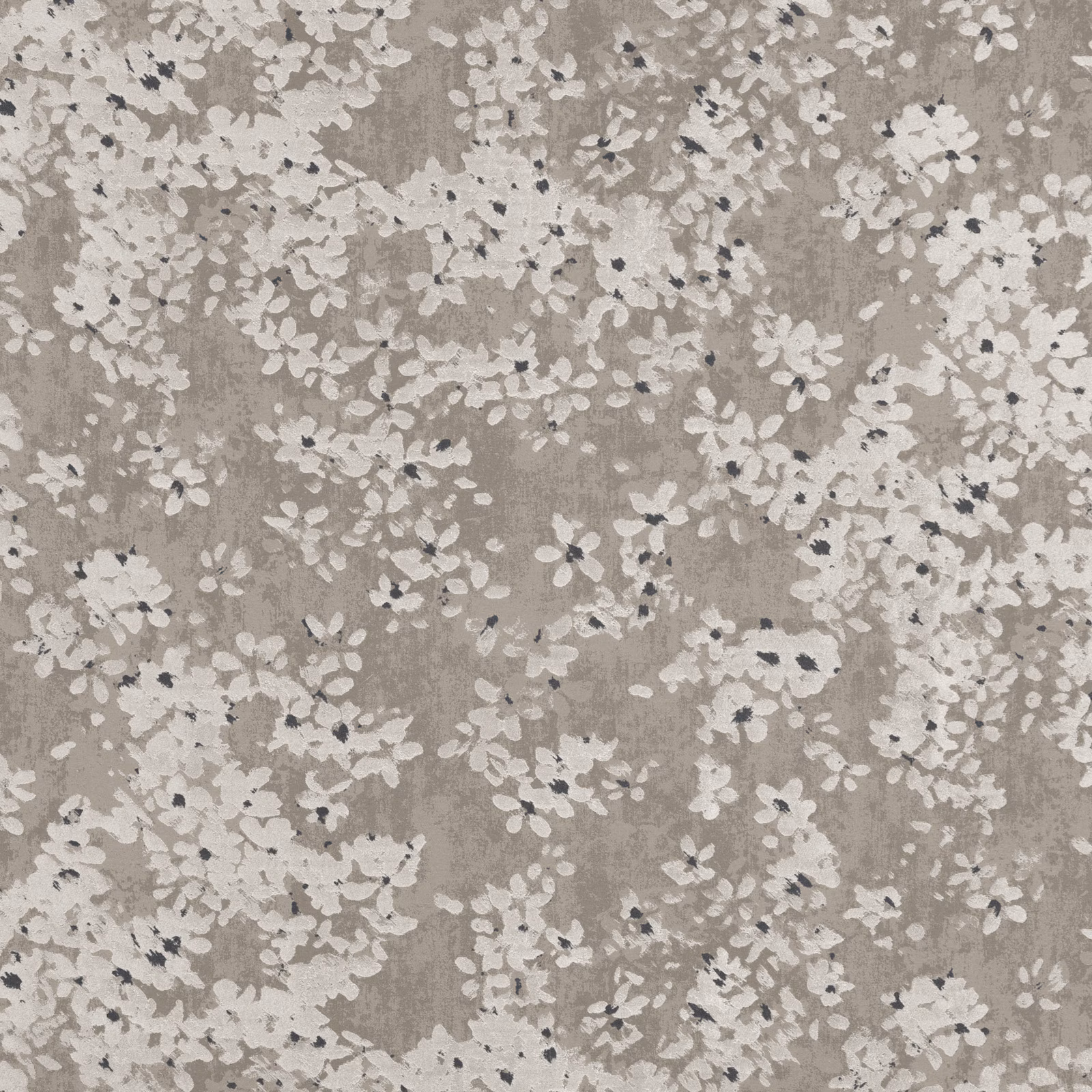 Warm taupe fabric with scattered ivory flowers and a softly textured surface