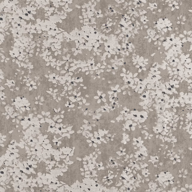 Warm taupe fabric with scattered ivory flowers and a softly textured surface