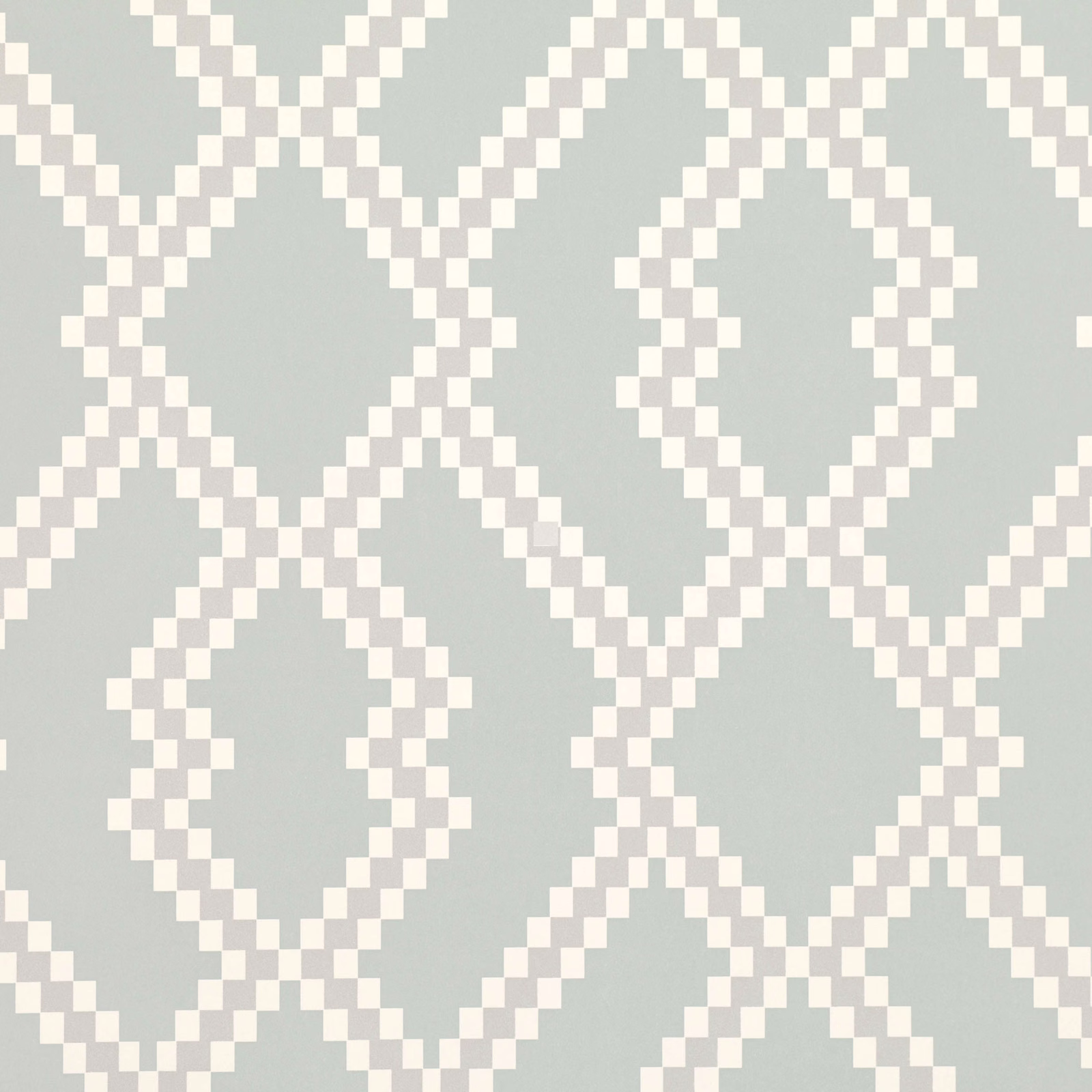 Muted grey-green wallpaper with ivory pixel-edged diamonds and angular trellis lines