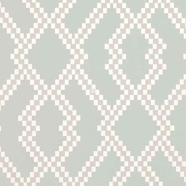 Muted grey-green wallpaper with ivory pixel-edged diamonds and angular trellis lines