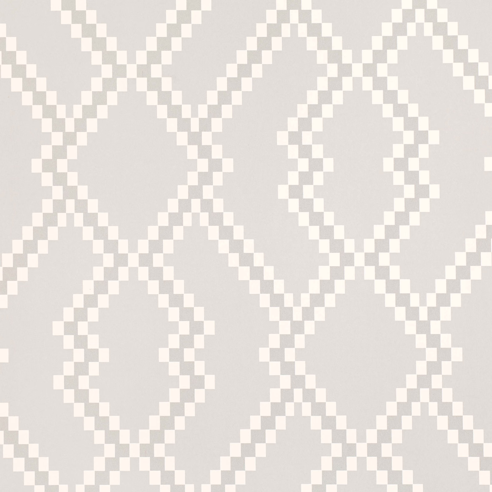 Pale greige wallpaper with ivory stepped diamond lattice and subtle paper texture