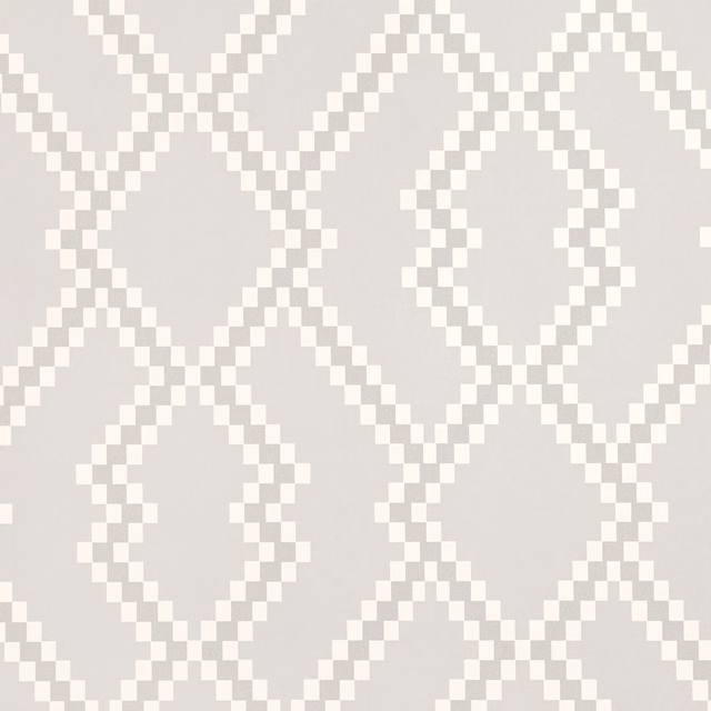 Pale greige wallpaper with ivory stepped diamond lattice and subtle paper texture