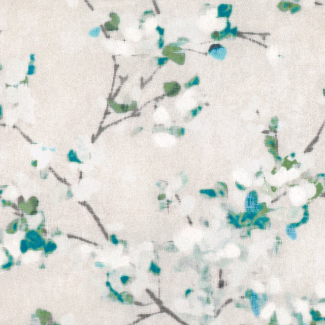 Pale cream wallpaper with teal, turquoise and green painterly blossom sprigs