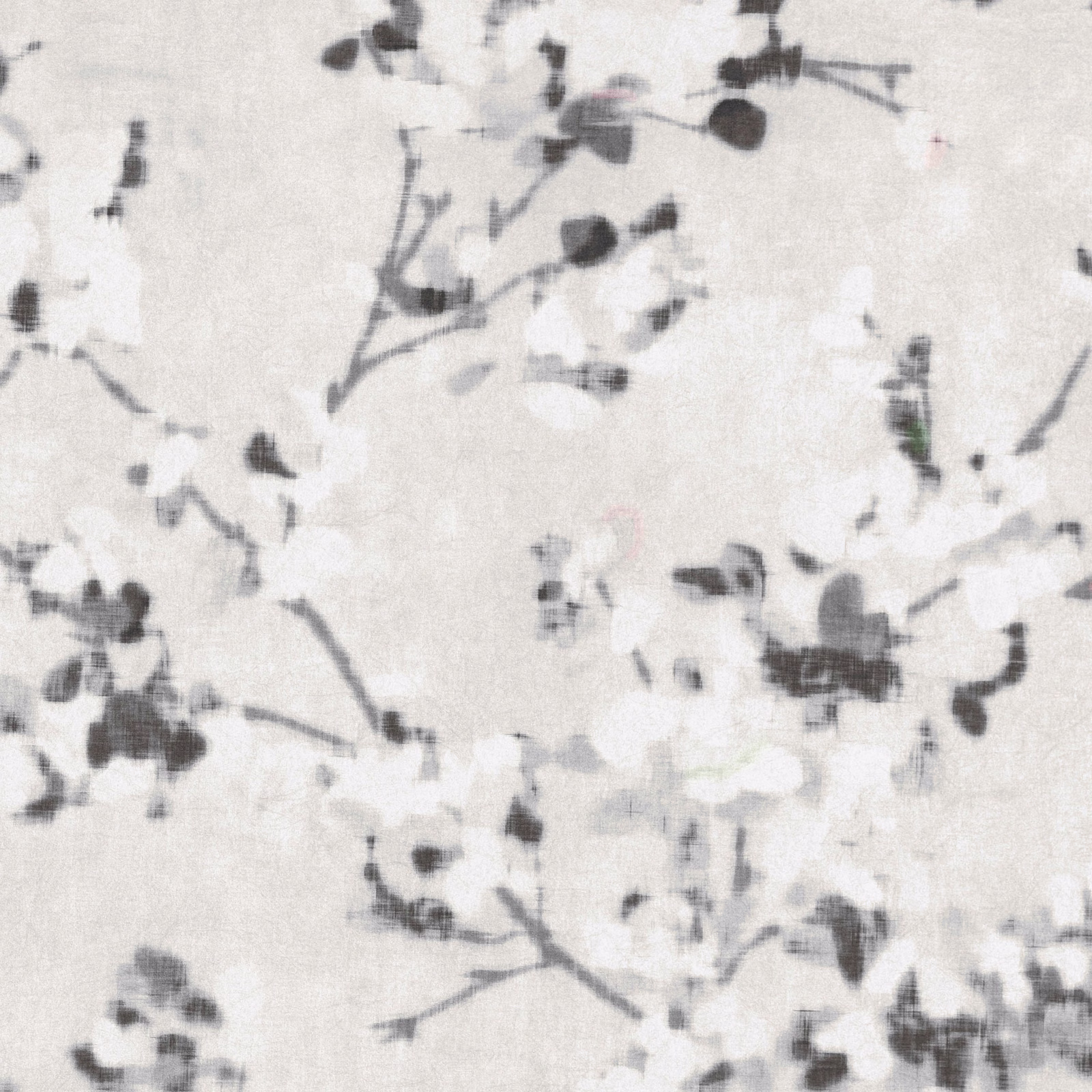 Pale quartz wallpaper with charcoal flowering branches, blurred petals and delicate muted botanical accents