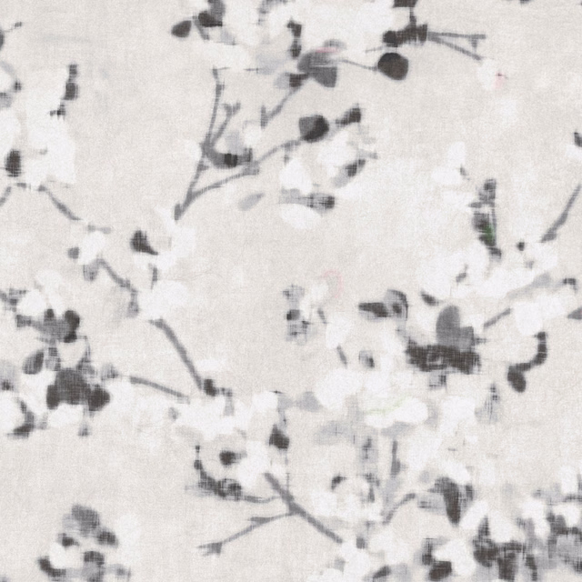 Pale quartz wallpaper with charcoal flowering branches, blurred petals and delicate muted botanical accents