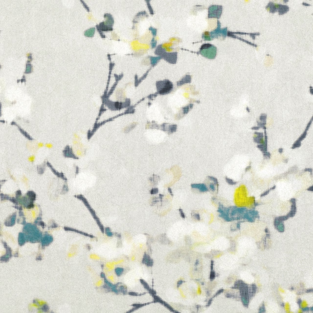 Pale grey floral wallpaper with navy branches, teal leaves, white blossoms and yellow accents