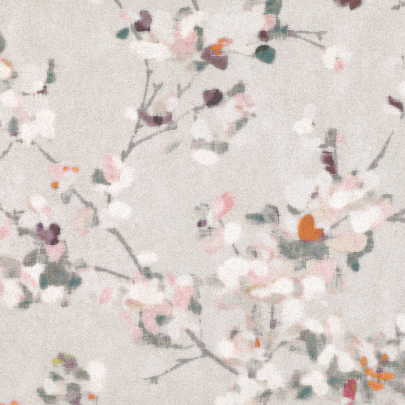 Soft grey wallpaper with blush blossoms, teal leaves and small orange floral accents