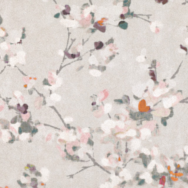 Soft grey wallpaper with blush blossoms, teal leaves and small orange floral accents