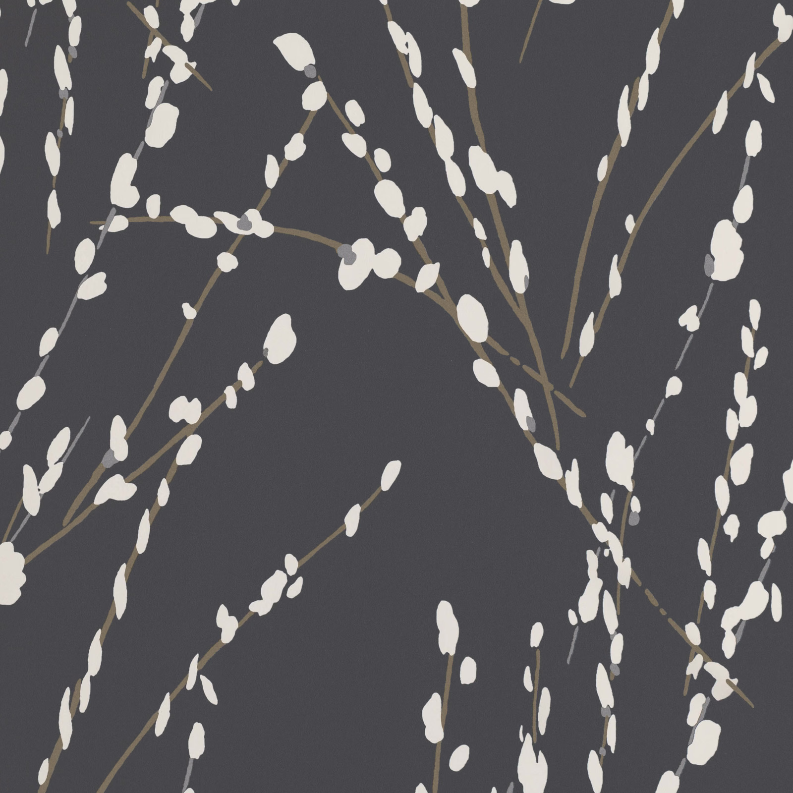 Charcoal wallpaper with ivory bud-like branches and fine taupe stems