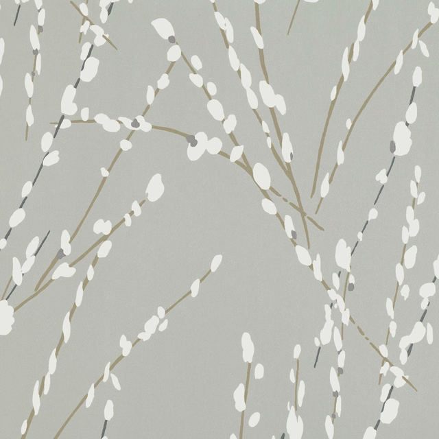 Pale grey-green wallpaper with white blossom buds and taupe branching stems