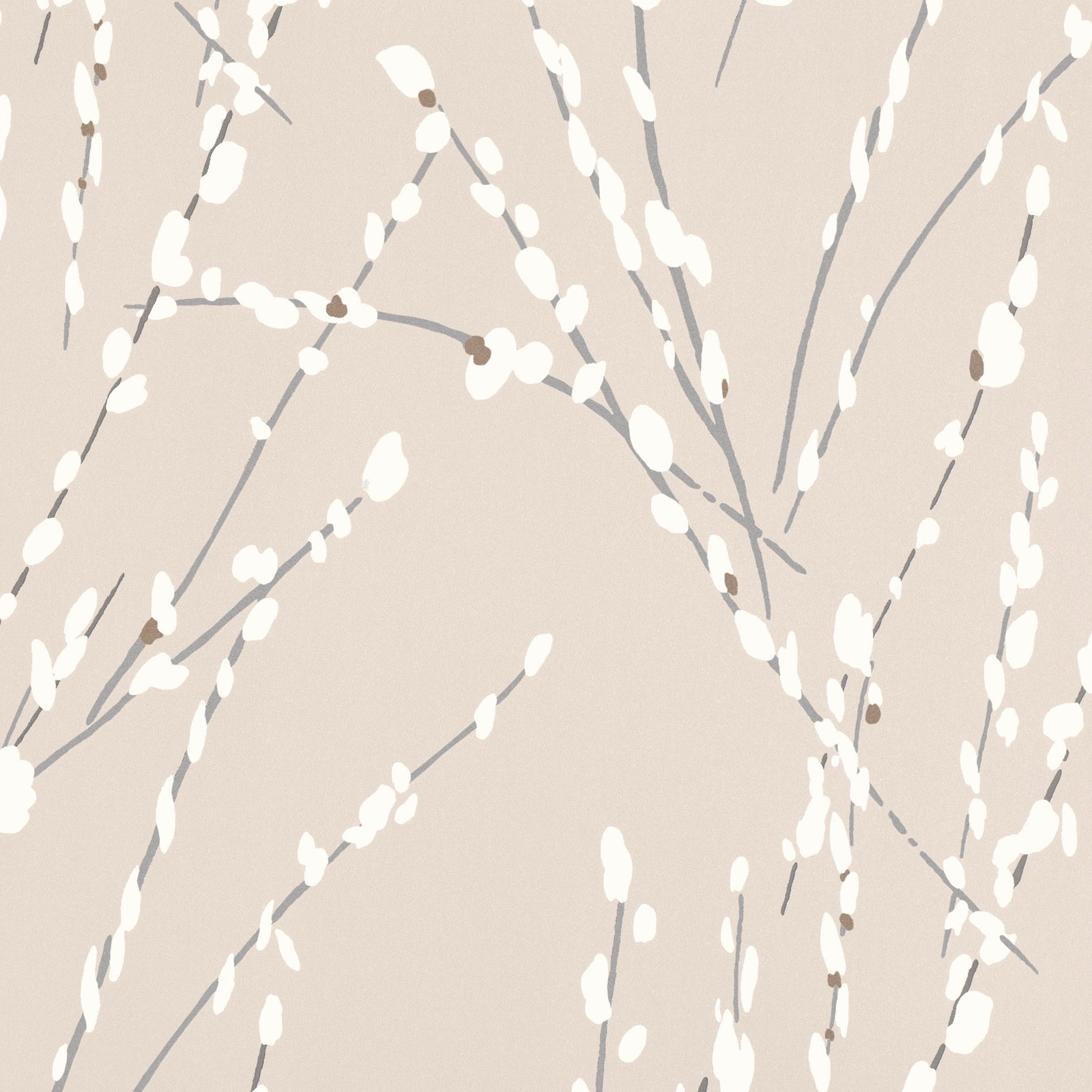 Pale greige wallpaper with grey branching stems and scattered ivory buds