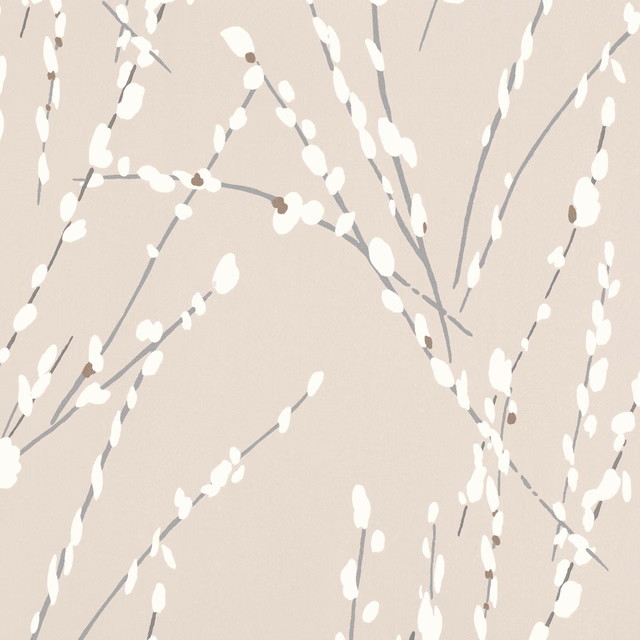 Pale greige wallpaper with grey branching stems and scattered ivory buds