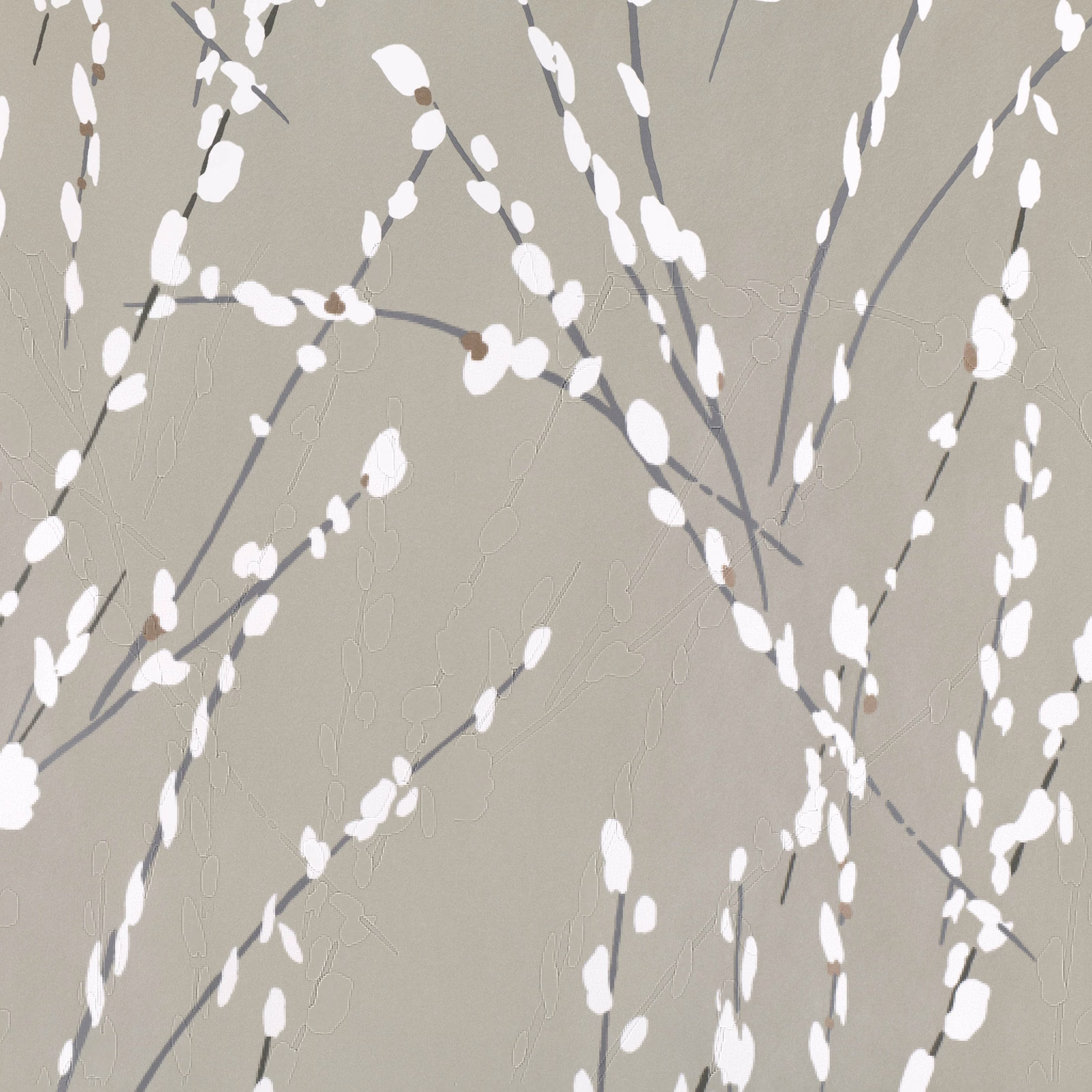 Nickel-grey wallpaper with white blossom branches, charcoal stems and subtle tonal texture