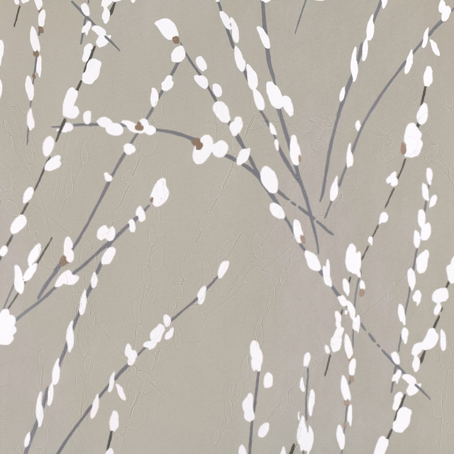 Nickel-grey wallpaper with white blossom branches, charcoal stems and subtle tonal texture